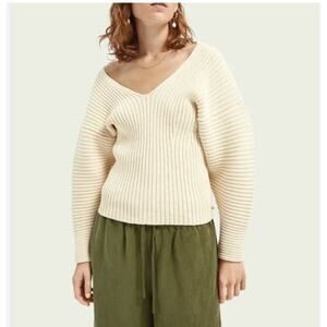 Scotch & Soda Summer Edition Knitted Ribbed V-Neck Cream Sweater